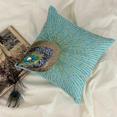 Peacock Grace - Aqua Blue Art Silk Throw Pillow Cover