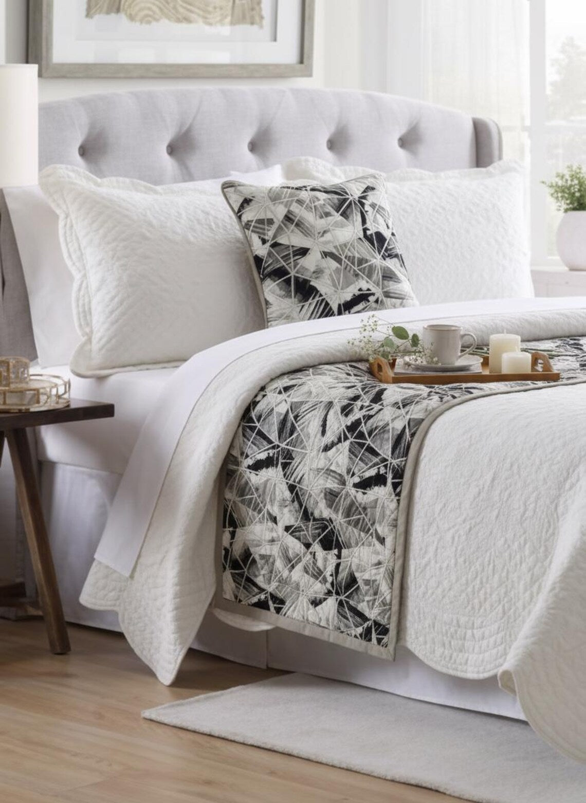 Grey Angular Decorative Bed Runner and Pillow Cover