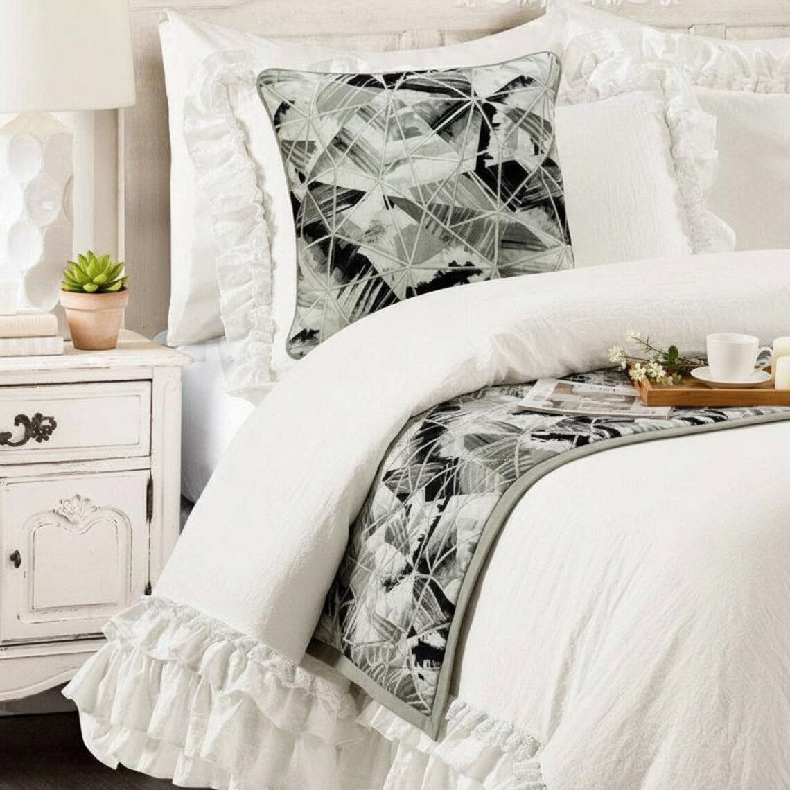 Grey Angular Decorative Bed Runner and Pillow Cover