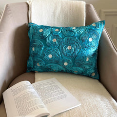 Aquamarine Roses - Art Silk Turquoise Decorative Lumbar Pillow Cover