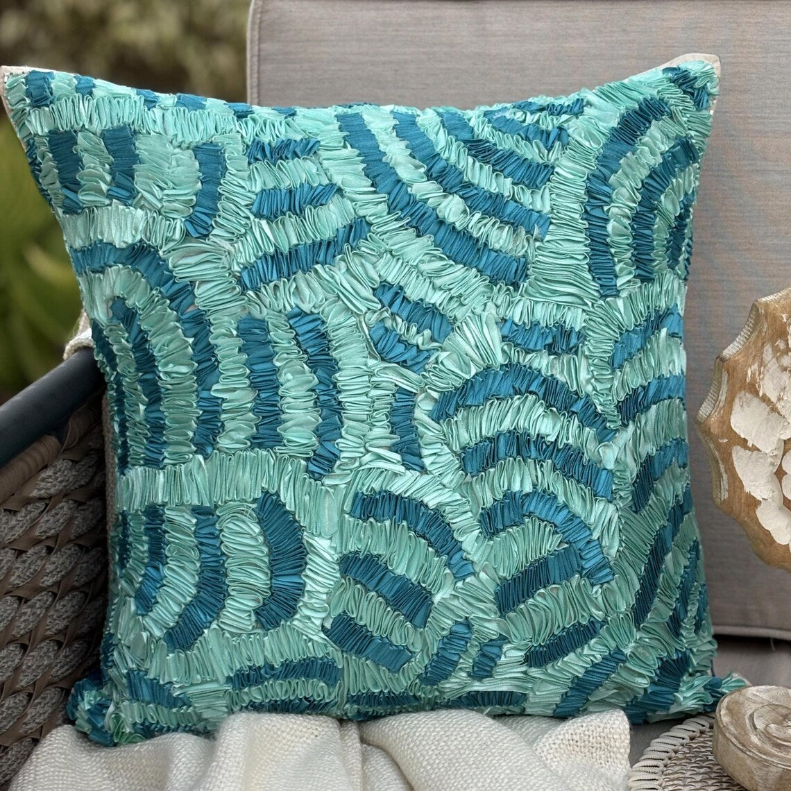 Aqua Ripples Blue Silk Throw Pillow Cover