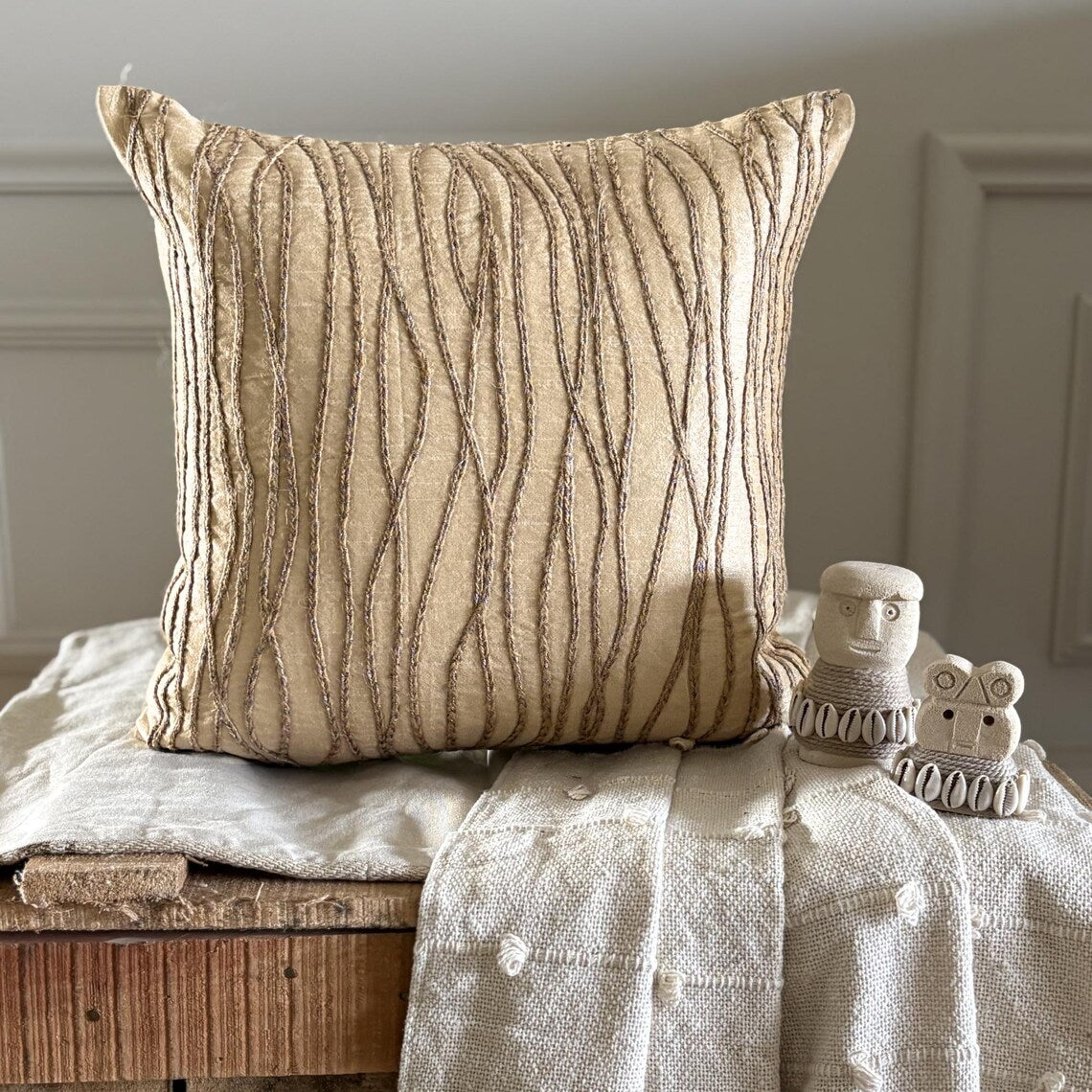 Jute Cords Beige Silk Throw Pillow Cover