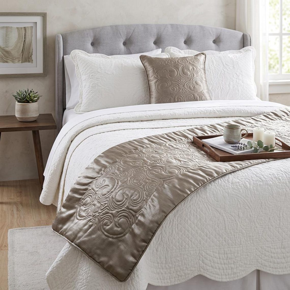 Silver Satin Decorative Bed Runner and Pillow Cover, Silver Soft