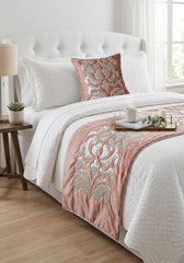 Peach & Ivory Velvet Decorative Bed Runner and Pillow Cover, Peach Elegance
