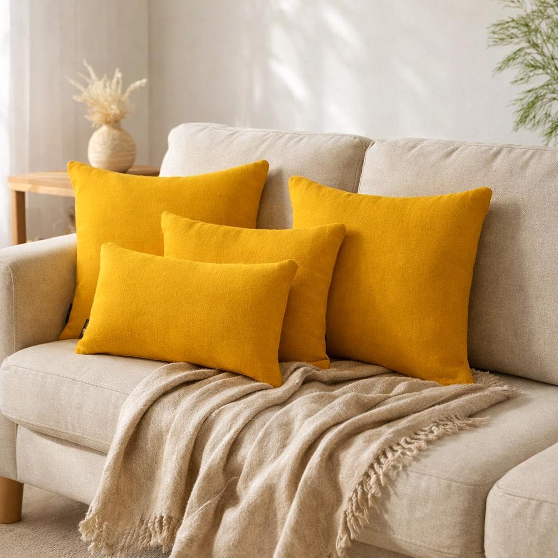 Saffron Yellow Linen Throw Pillow Cover