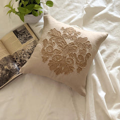 Jutty Damask - Beige Linen Throw Pillow Cover