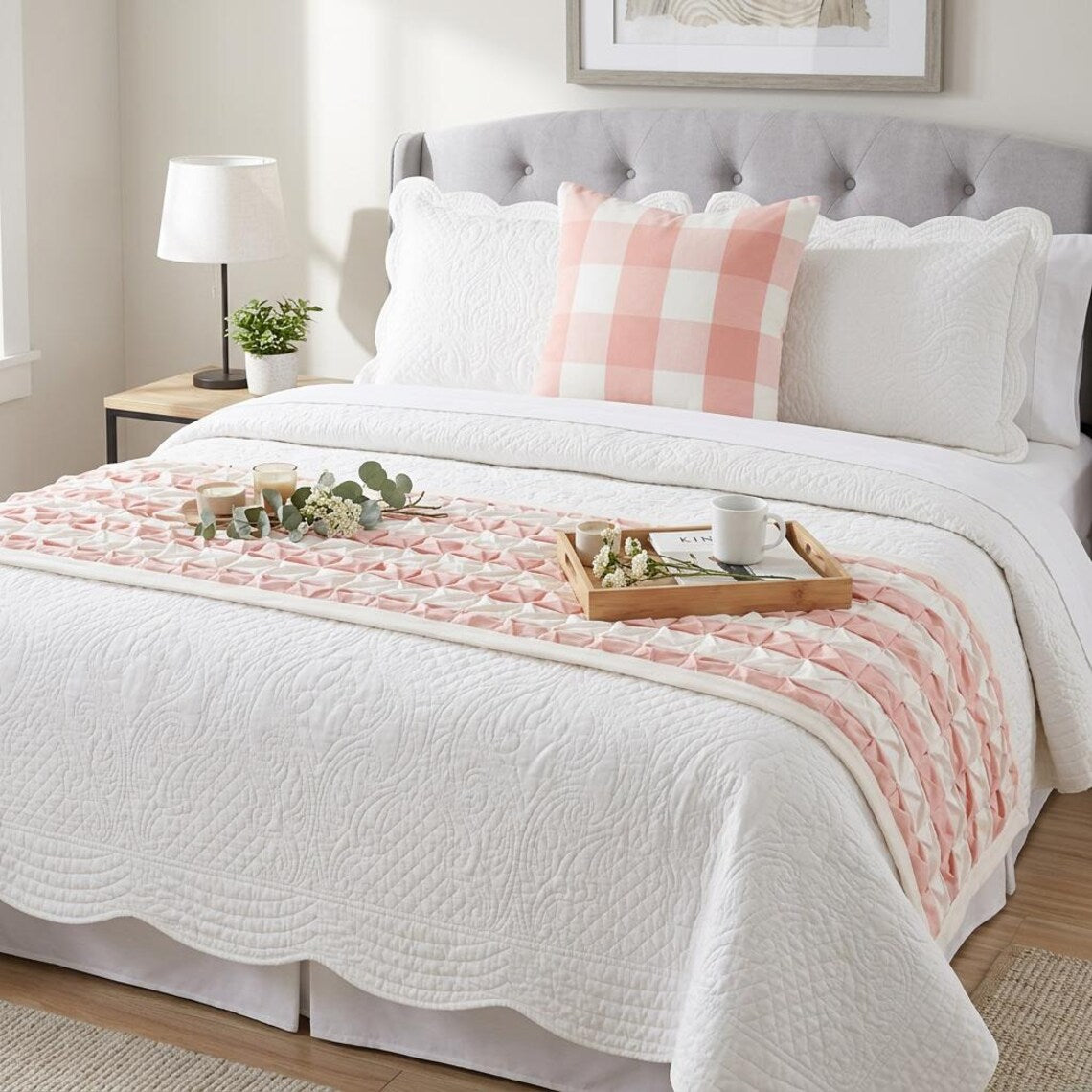Buffalo Plaid Peach Decorative Bed Runner and Pillow Cover