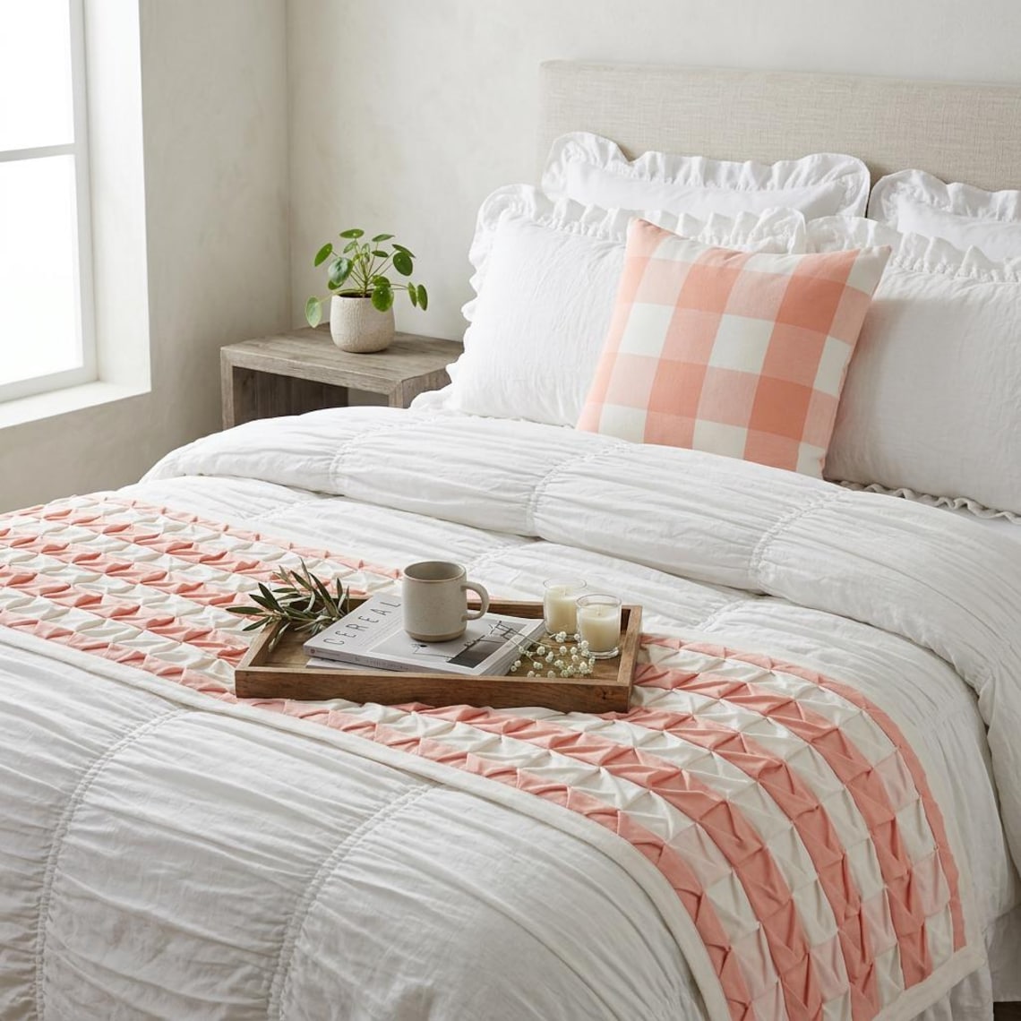 Buffalo Plaid Peach Decorative Bed Runner and Pillow Cover