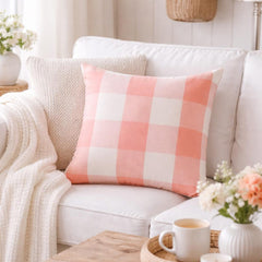 Peach Pink Plaid - Peach Buffalo Checks Throw Pillow Cover