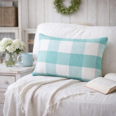 Aqua Plaid Play - Aqua Blue Cotton Lumbar Pillow Cover
