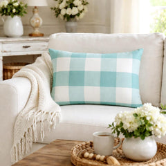 Aqua Plaid Play - Aqua Blue Cotton Lumbar Pillow Cover