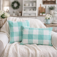 Aqua Plaid - Aqua Blue Buffalo Checks Throw Pillow Cover