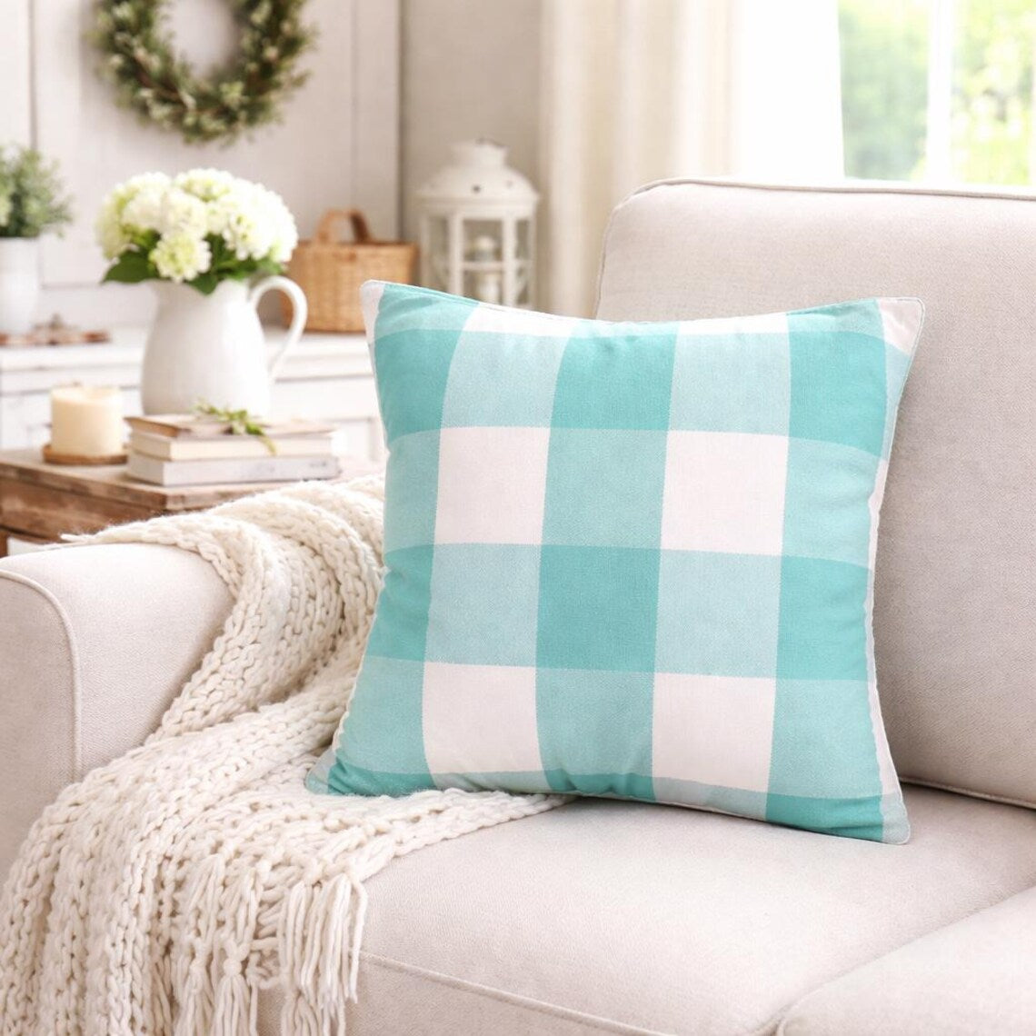 Aqua Plaid - Aqua Blue Buffalo Checks Decorative Euro Sham
