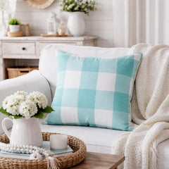 Aqua Plaid - Aqua Blue Buffalo Checks Throw Pillow Cover