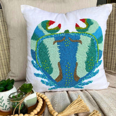 Blue Cotton Linen Throw Pillow Cover - Crab Craze