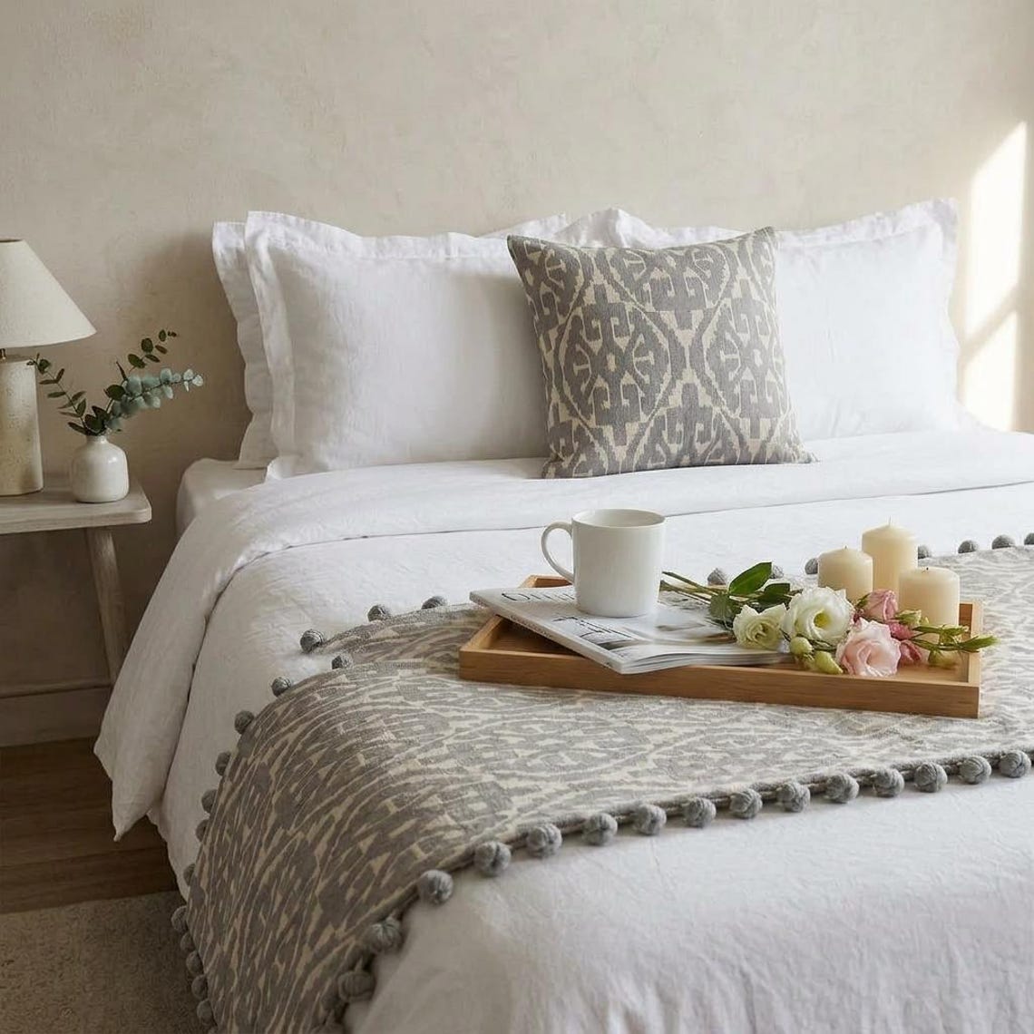 Cotton Grey Decorative Bed Runner and Pillow Cover - Grey Aztec