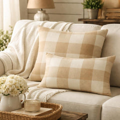 Beige Plaid Play - Beige Cotton Lumbar Pillow Cover