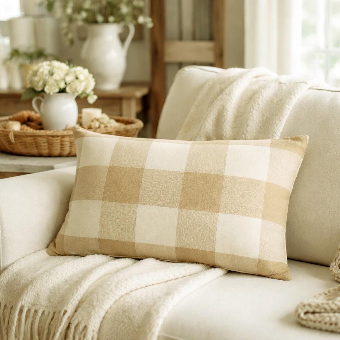 Beige Plaid Play - Beige Cotton Lumbar Pillow Cover
