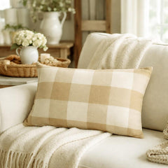 Beige Plaid Play - Beige Cotton Lumbar Pillow Cover