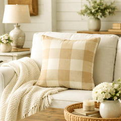 Beige Plaid - Beige Cotton Throw Pillow Cover