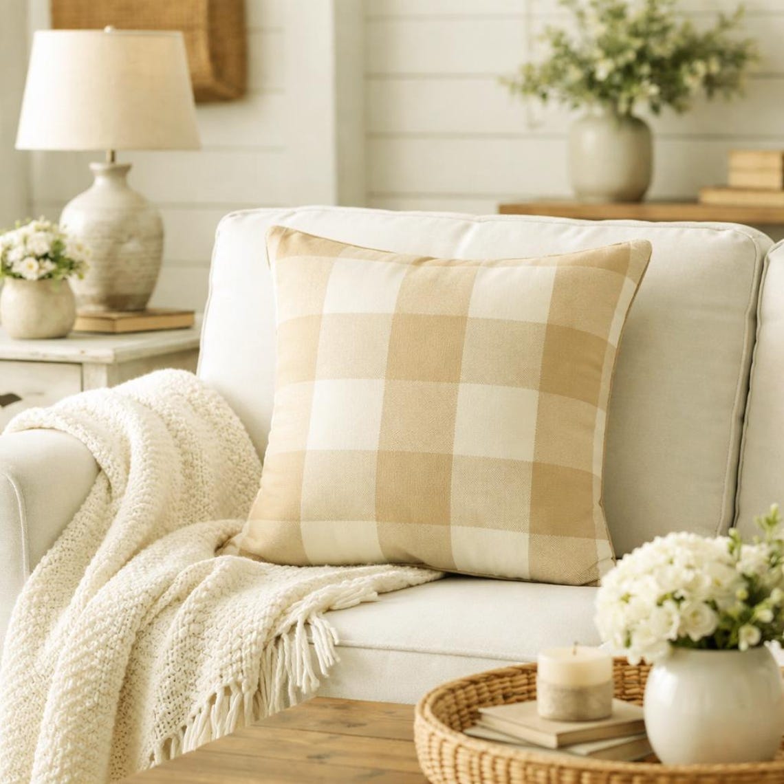 Beige Plaid - Beige Cotton Decorative Euro Sham