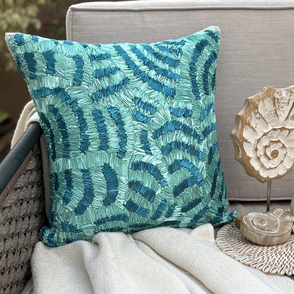 Aqua Ripples Ribbon Throw Pillow Cover
