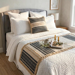 Linen Beige & Black Decorative Bed Runner and Pillow Cover - Moroccan Vibe