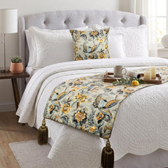 Peacock Swag - Satin Grey & Yellow Decorative Bed Runner and Pillow Cover
