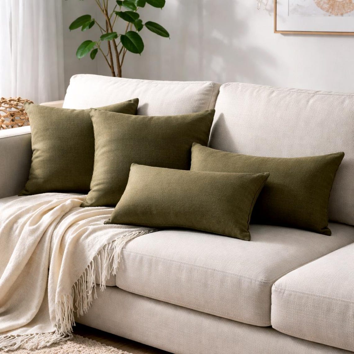 Olive Green Linen Throw Pillow Cover