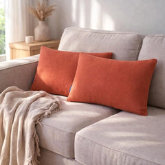 Set of 2 Coral Orange Linen Throw / Lumbar Pillow Cover - Coral Orange Linen