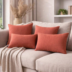 Set of 2 Coral Orange Linen Throw / Lumbar Pillow Cover - Coral Orange Linen
