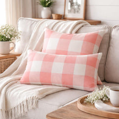 Peach Pink Plaid - Peach Buffalo Checks Throw Pillow Cover