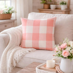 Peach Pink Plaid - Peach Buffalo Checks Throw Pillow Cover
