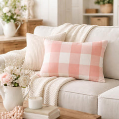 Peach Pink Plaid Play - Pink Cotton Lumbar Pillow Cover