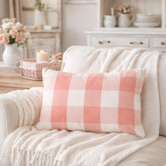 Peach Pink Plaid Play - Pink Cotton Lumbar Pillow Cover