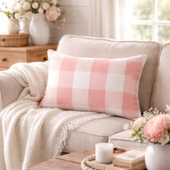 Peach Pink Plaid Play - Pink Cotton Lumbar Pillow Cover