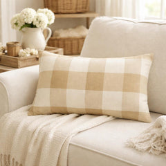Beige Plaid Play - Beige Cotton Lumbar Pillow Cover