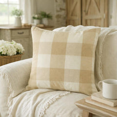 Beige Plaid - Beige Cotton Throw Pillow Cover