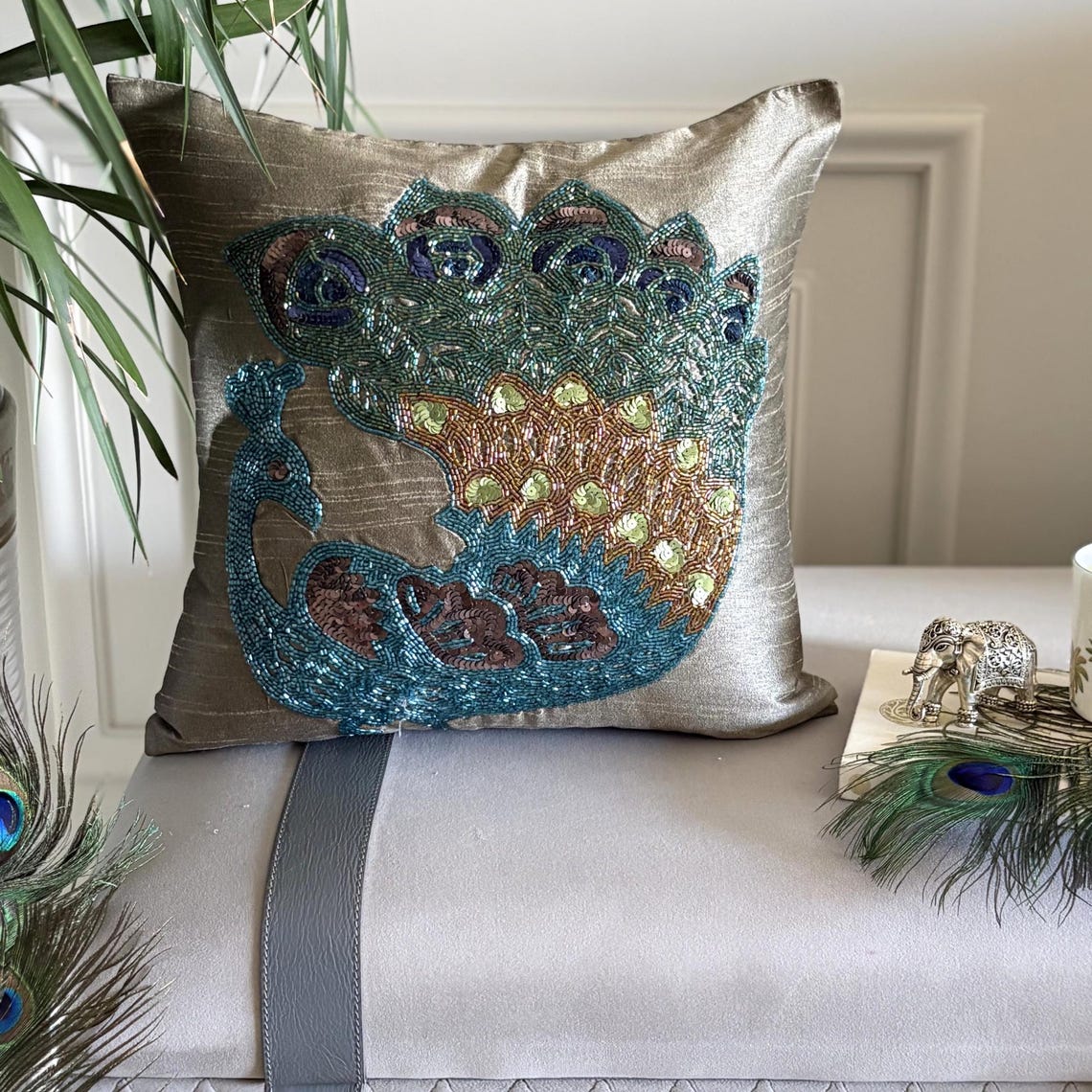 Taupe Green Peacock Pillow Cover