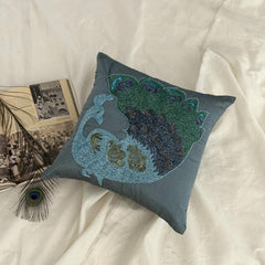 Dancing Peacock - Blue Art Silk Decorative Euro Sham