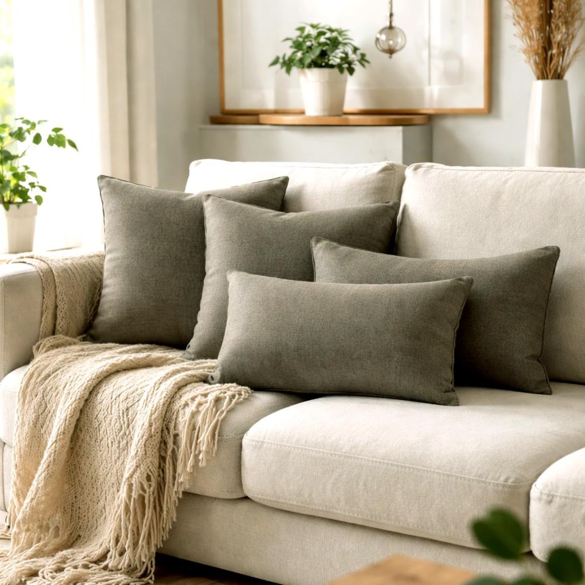 Silver Gray Linen Throw Pillow Cover