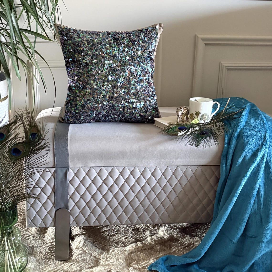 Dazzling Flora Blue Sequins Decorative Euro Sham