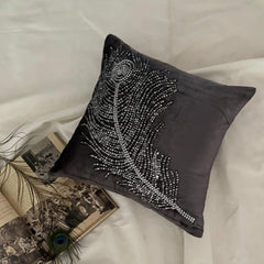 Peacock Bliss - Gray Velvet Throw Pillow Cover