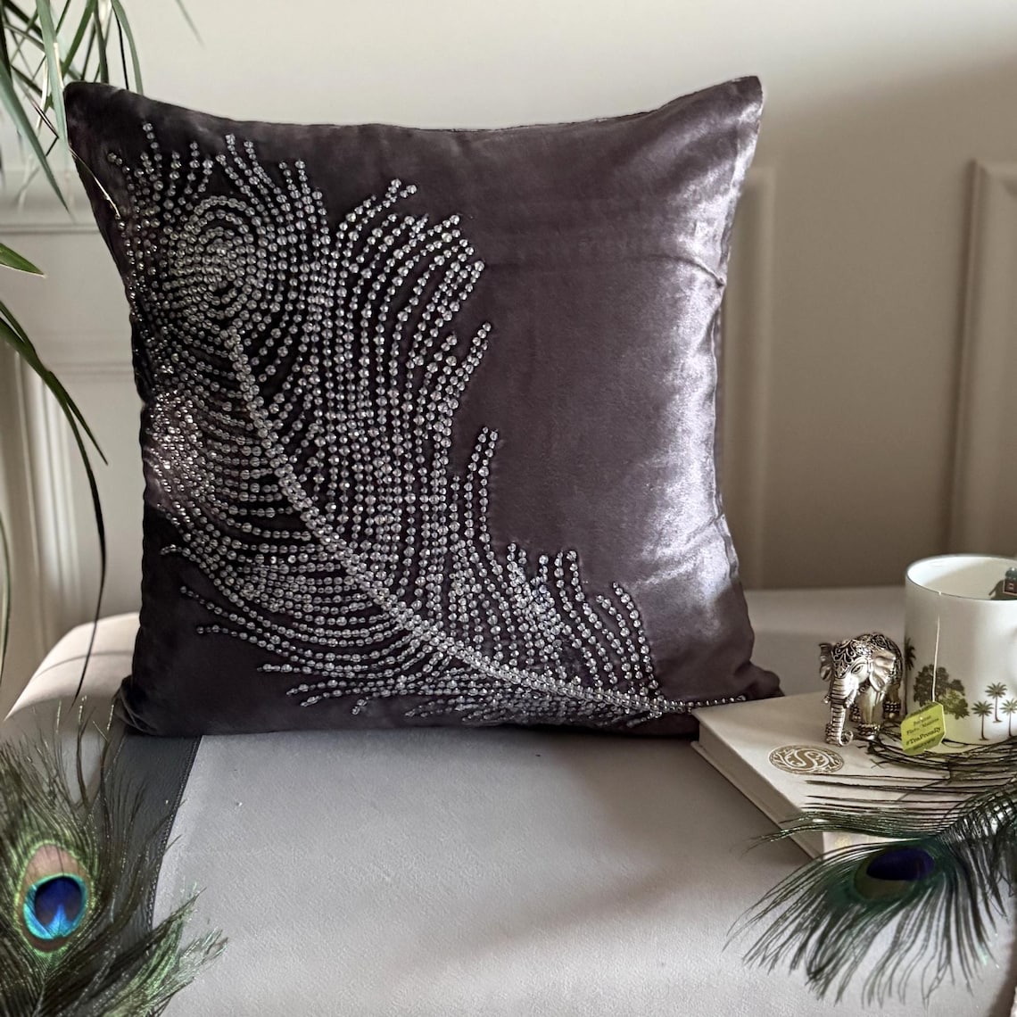 Peacock Bliss - Gray Velvet Decorative Euro Sham