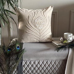Pearly Peacock Feather - Natural Beige Cotton Linen Throw Pillow Cover
