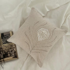 Pearly Peacock Feather - Natural Beige Cotton Linen Decorative Euro Sham