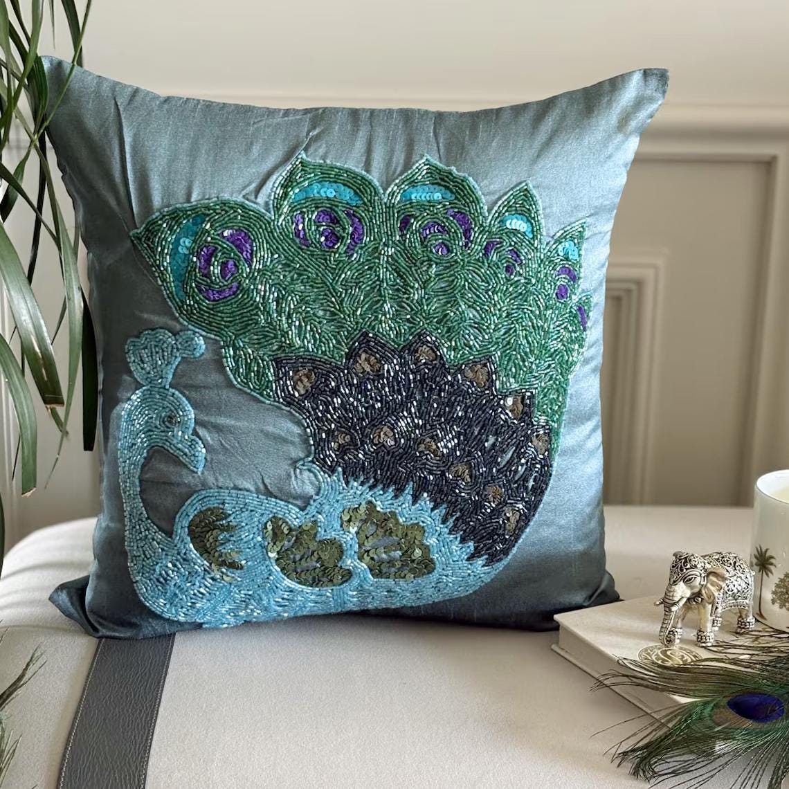 Taupe Green Peacock - Taupe Green Art Silk Throw Pillow Cover