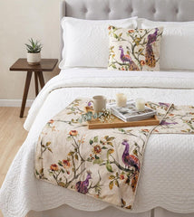 Peacock Queen - Cotton Printed with Beads Ivory & Multicolor Decorative Bed Runner and Pillow Cover