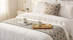 Flourish Bloom - Cotton Blue & Grey Decorative Bed Runner and Pillow Cover