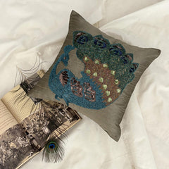 Taupe Green Peacock - Taupe Green Art Silk Throw Pillow Cover